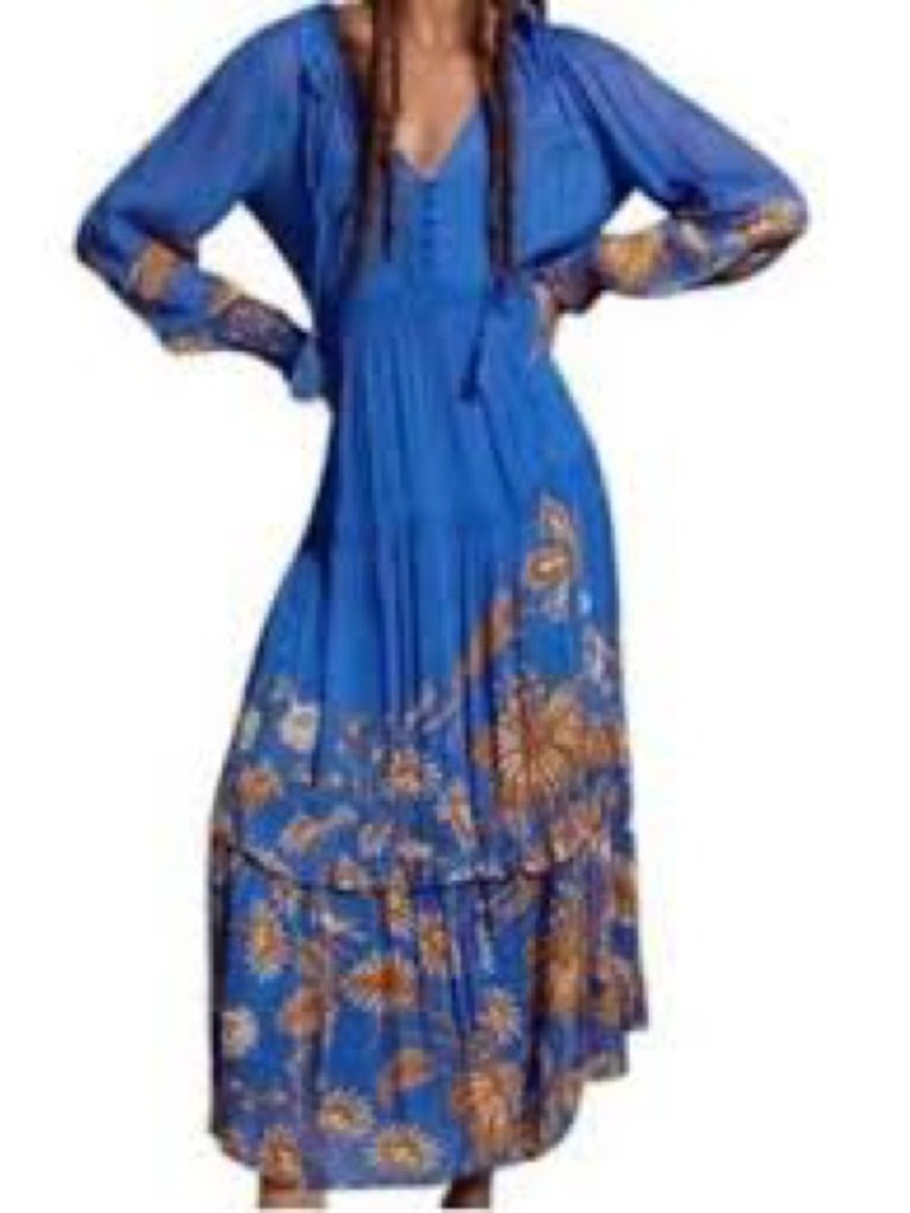 Anthropologie Royal Blue Maxi Dress with Gold Floral Embroidery